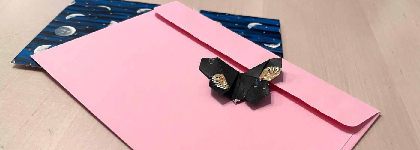 Rose Briefumschlag und Postkarte nit Nachthimmel